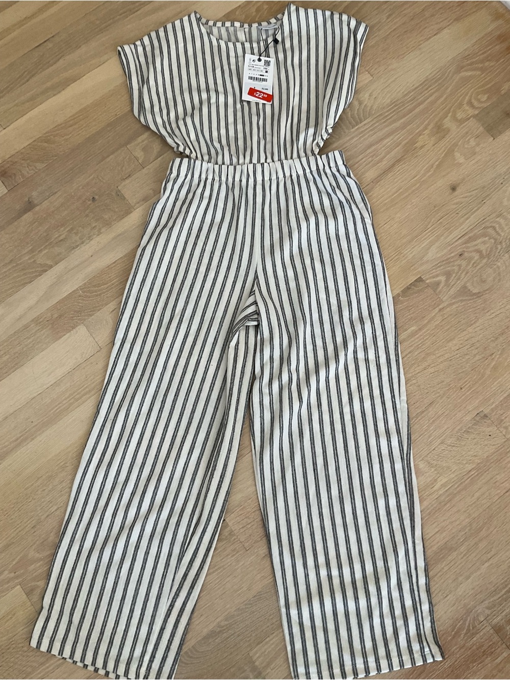 Zara Cream and Black Striped Kids One-Piece Jumpsuit